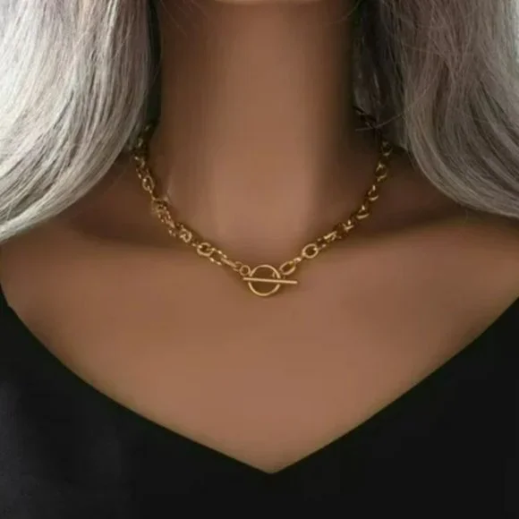 18k Gold Plated Stainless Steel Chunky Chain Choker Necklace Toggle Clasp 17in - Picture 4 of 7